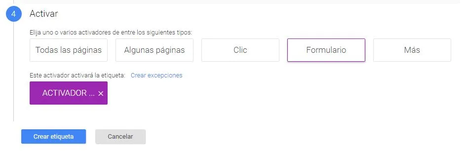 Como medir formularios con Google Tag Manager sin código 5 Activador etiqueta evento